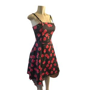 Vintage Y2K 1990s Women M Super Low Fat Cherry Print Rockabilly Retro Dress